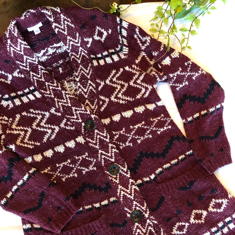 JJill Burgundy Geometric Print Duster Sweater